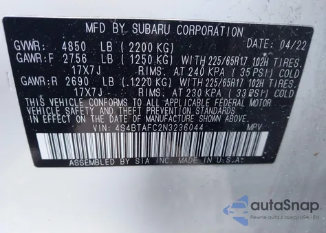 2022 Subaru Outback Premium from USA, damaged, VIN 4S4BTAFC2N3236044